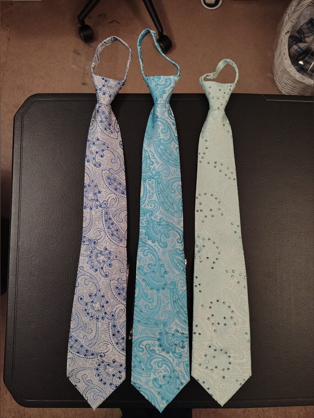 Set Of 3 New Paisley Zipper Ties With Rhinestones And Matching Pocket Squares